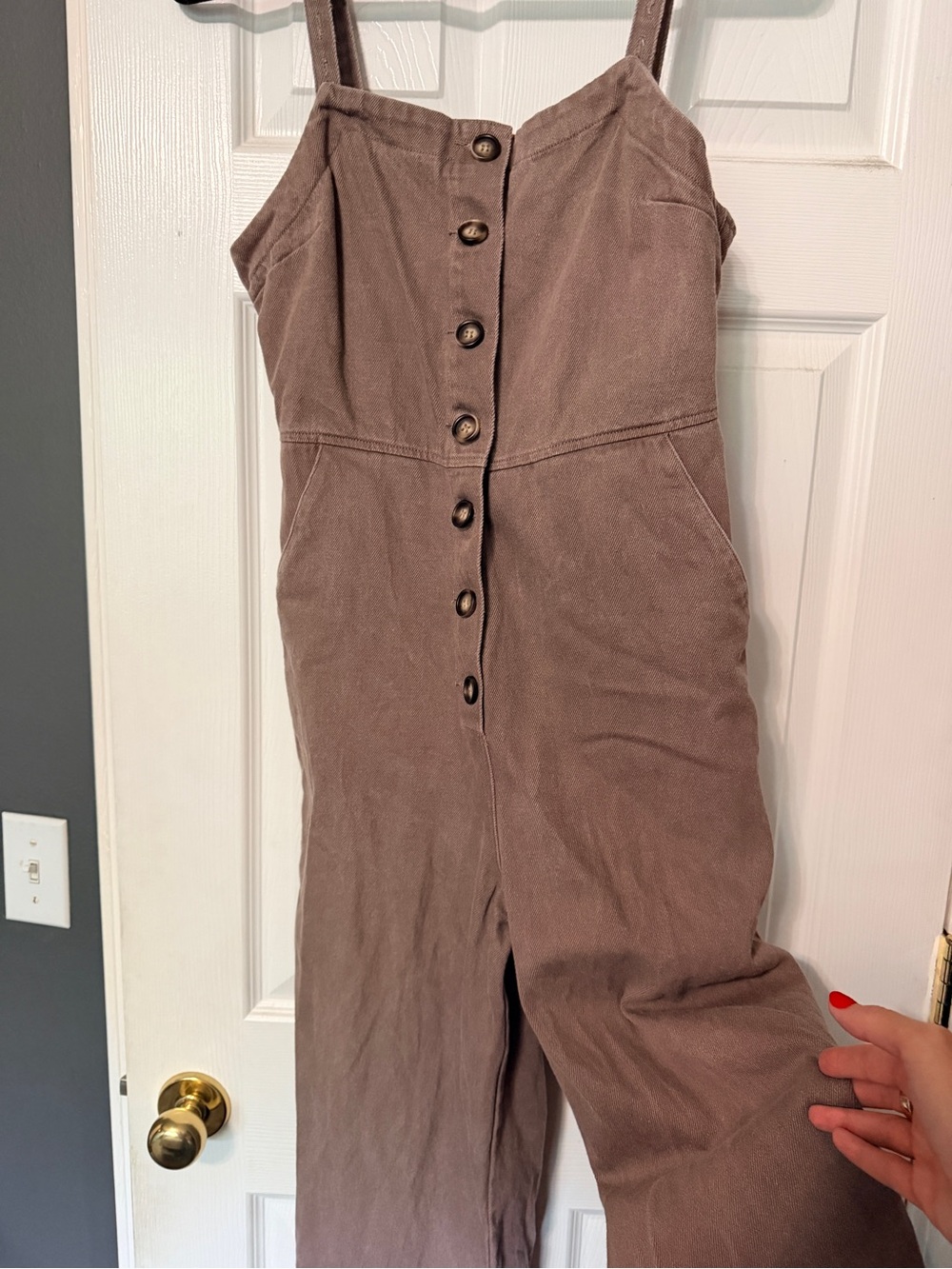 Button-Front Taupe Denim Jumpsuit - Women